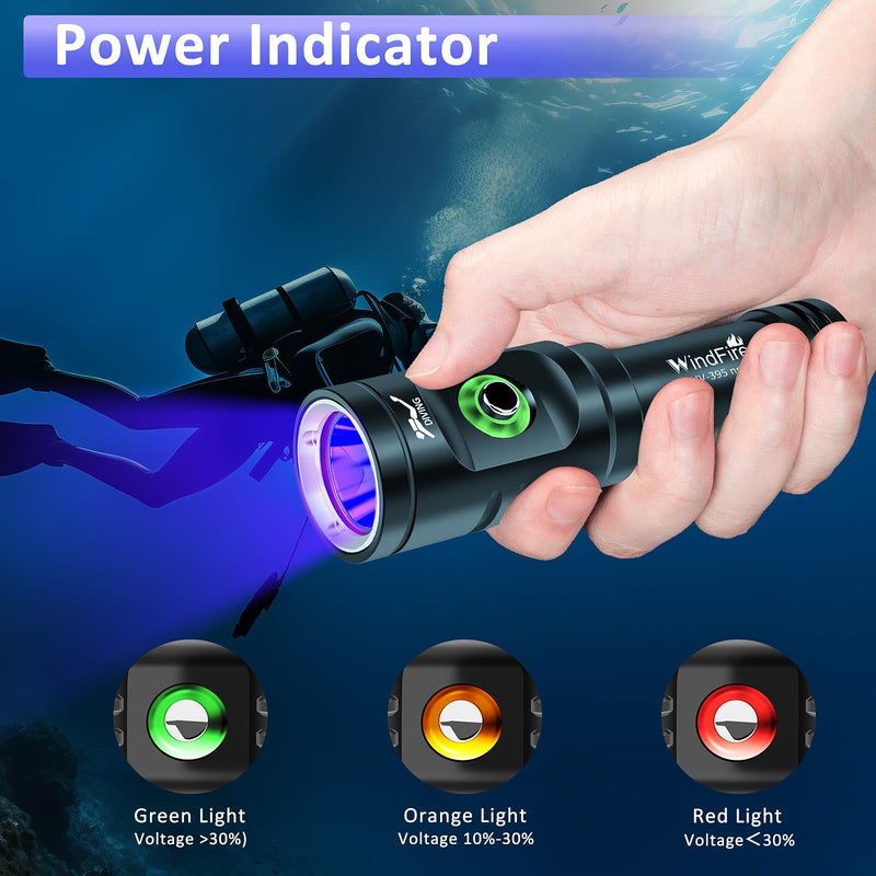 WINDFIRE Dive Light, 395 nm UV Scuba Flashlight, Waterproof Black Light Flashlight with Power Indicator for Scuba Diving, Underwater Fluorescence & Pet Urine Detection TS08_Purple Light