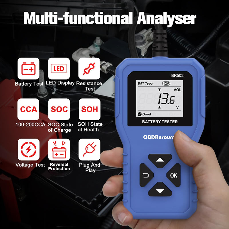 Car Battery Tester 6V 12V 24V Battery Voltage Tester, BR502 100-2000 CCA 2Ah-220Ah Internal Resistance Tester Automotive Accurate Digital Auto Battery Analyzer for Car Truck Marine Motorcycle SUV Boat Blue