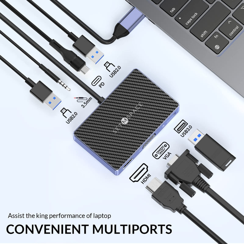 7 in 1 Docking Stations, 100W Charging for Laptop, 1 x USB 3.0, 2 x USB 2.0, Dual Display, HDMI for 4K@60Hz, VGA for 1080P@60Hz, 3.5mm Audio, for Dell/HP/Lenovo/Surface/Mac PD, HDMI, USB-A, 3.5mm Jack, VGA, 7 Ports Black