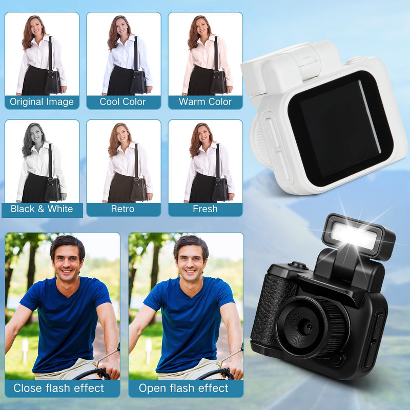 2 Sets Mini Keychain Camera 1080p Small Retro Portable Photo Video Camera 600 Mins Battery Life 16 GB Micro Video Camcorder with Flash Light for Travel Study Recording (Black & White)