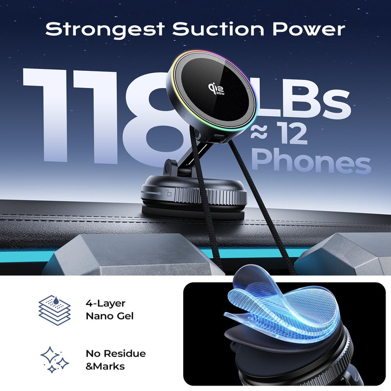 Qi2.2 Magnetic Car Mount Charger,25W Fast Wireless Charging Stand with RGB Light,360° Rotating Suction Phone Holder for Your Car,Compatible with iPhone 12-17,S26/S25