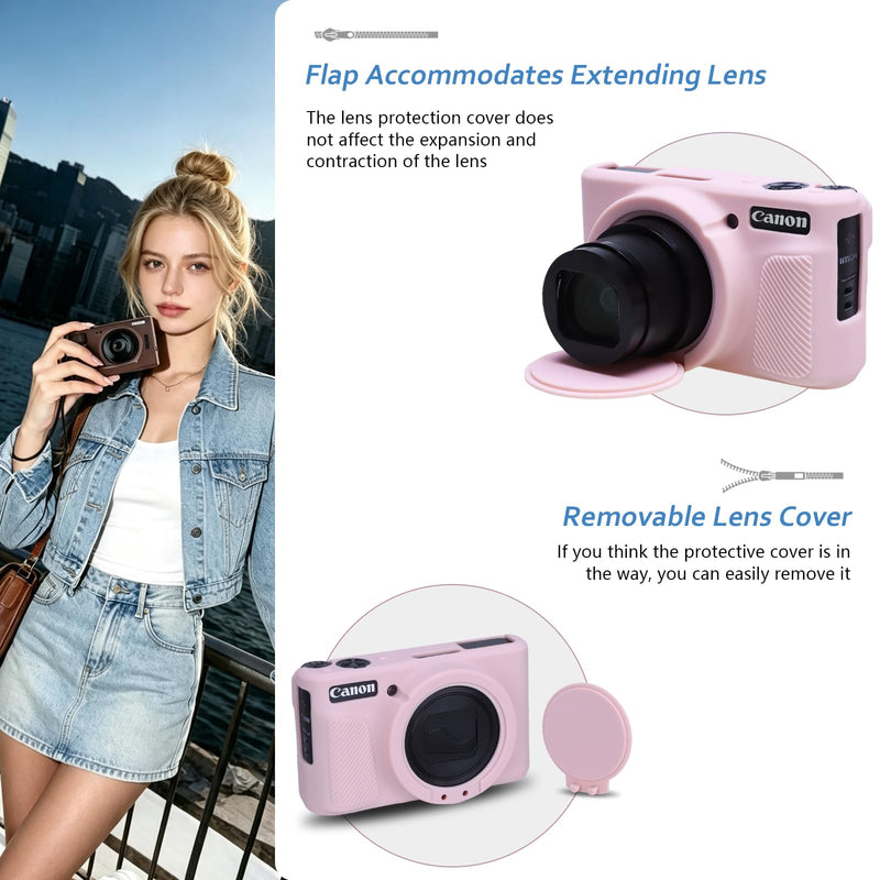 XANAD Silicone Case for Canon Powershot SX740 / SX730 HS Digital Camera, Anti-slip Soft Silicone Protective Cover with Detachable Lens Cover for Canon SX740 / SX730 HS, Pink