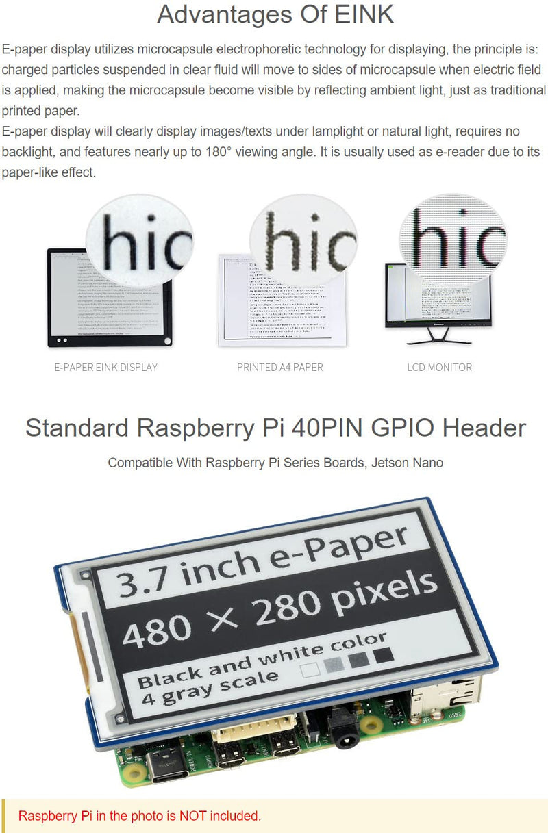 waveshare 3.7inch E-Paper E-Ink Display HAT Compatible with Raspberry Pi4B/3B+/3B/2B/B+/A+/Zero/Zero W/WH/Zero 2W 480×280 Pixels Black/White 4 Grey Scales SPI Interface Supports Partial Refresh 3.7inch e-Paper HAT