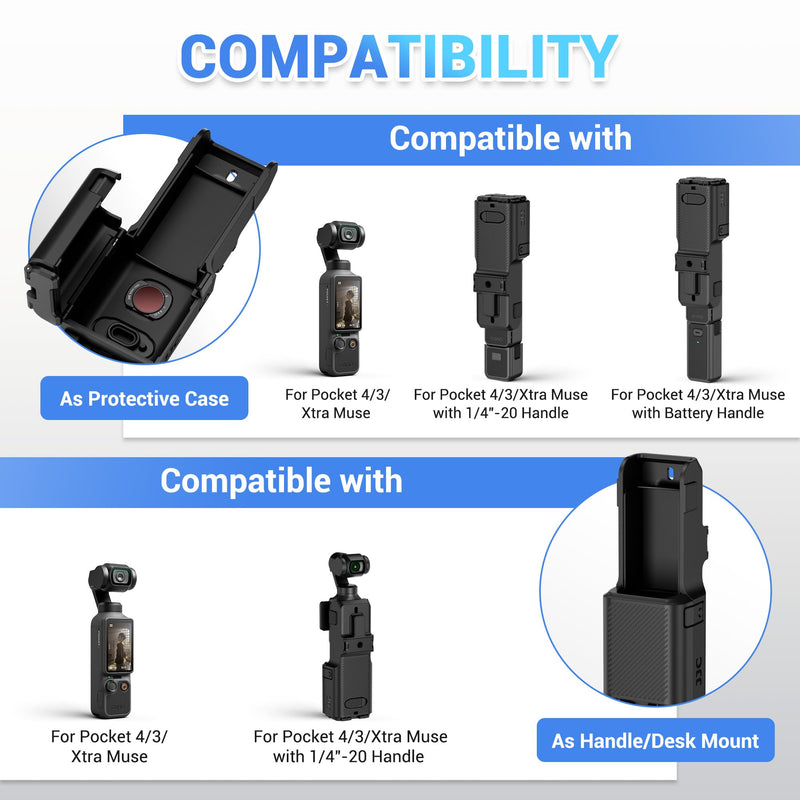 JJC All-in-1 Pocket 4 Case for DJI Osmo Pocket 3 / Xtra Muse,Compact Black | Protective Case Handle Table Mount Magnetic Mount,w. Quick Release Plate & 1/4"-20 Hole for Selfie Vlog Recording