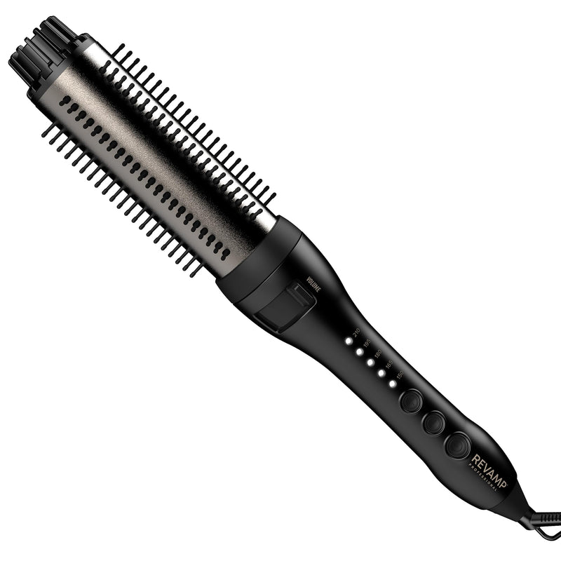 REVAMP Volume & Shape Ceramic Hot Brush Styler - Round Barrel 38 mm | Heated Curling Brush, Volume Release Retracting Bristles, Kinder Styling, Custom Temperature, Short to Long Hair Black/White