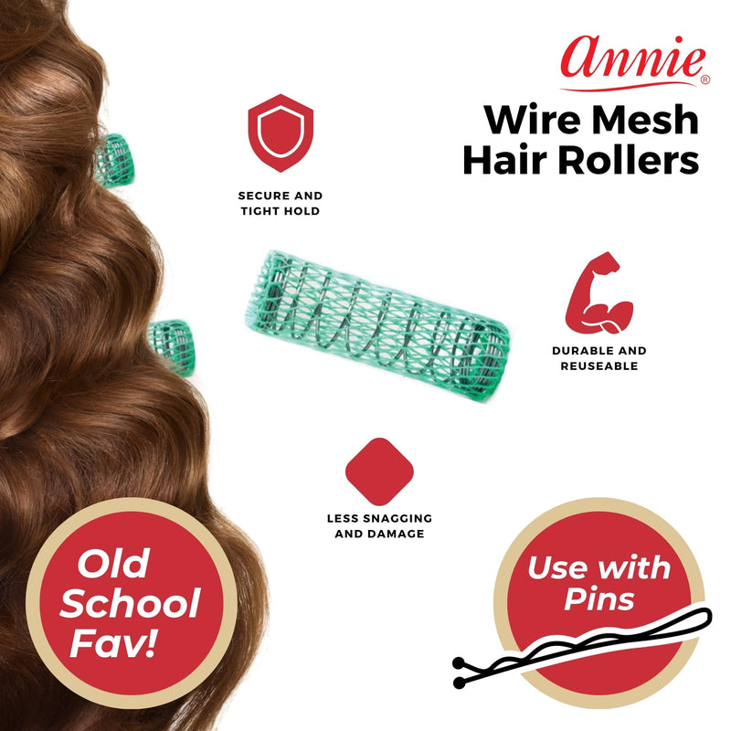 Annie Wire Mesh Rollers – Medium 7/8 Inch Hair Curlers for Defined Curls & Waves, Heatless Styling Tools for All Hair Types – 12 Count (Green)
