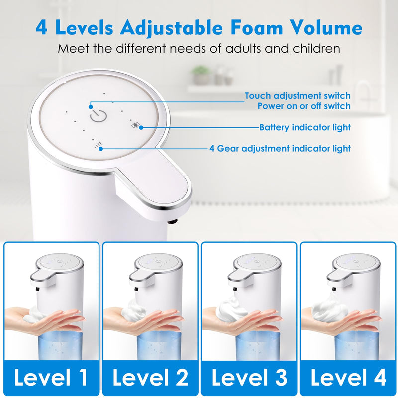 Automatic Foaming Soap Dispenser, Touchless Foam Hand Soap Dispenser for Bathroom, 4-Level Adjustable,13.5oz/400ml, Wall Mounted, Rechargeable White+transparent