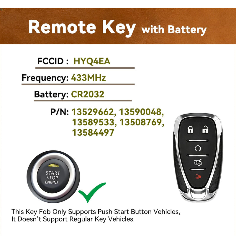 5 Buttons Key Fob Replacement for Chevy Malibu 2016-2021 HYQ4EA | for Chevy Camaro 2016-2020, Cruze 2016-2019, Proximity Smart Keyless Entry Remote, P/N:13529662,13590048 2 Pack
