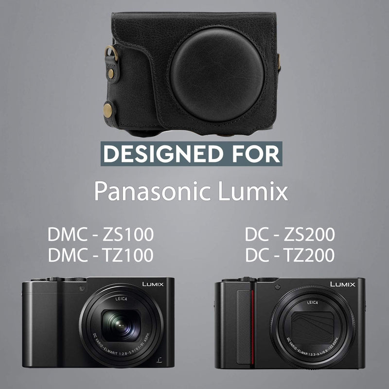 MegaGear Genuine Leather Camera Case Compatible with Panasonic Lumix DMC-ZS100, DC-ZS200 Black