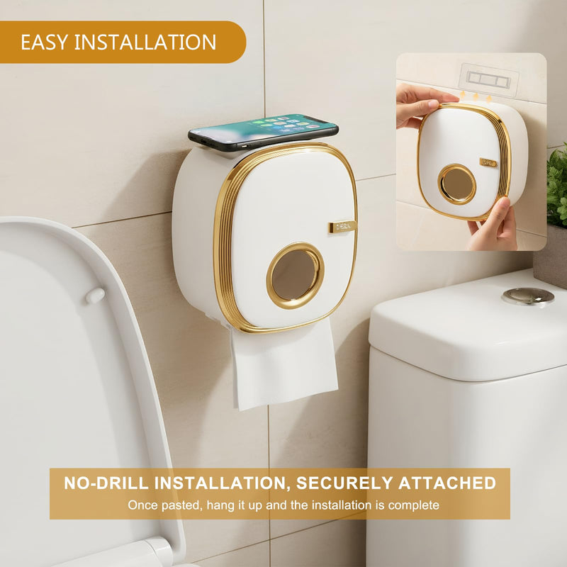 Adhesive Wall Mounted Toilet Paper Holder for Bathroom, Double Layer Space-Saving Organizer with Sealed Enclosed Design, No Drill Installation - White Gold