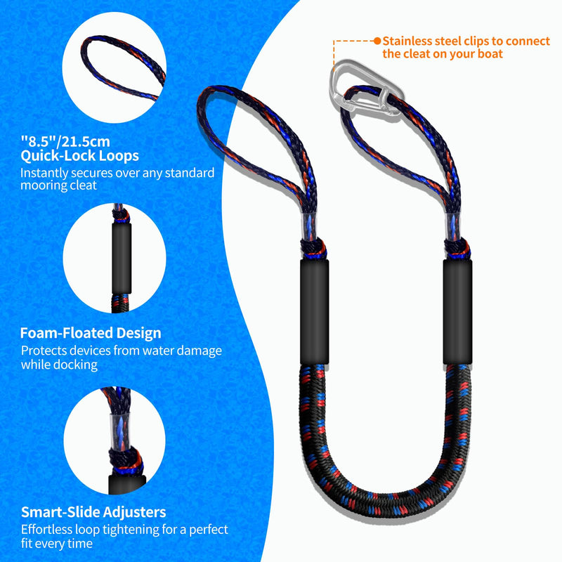 4ft Bungee Dock Line with 2 Loops and 1 Clip, 2025 Newly Upgraded Mooring Rope for Boats (Black,red,Blue) black,red,blue