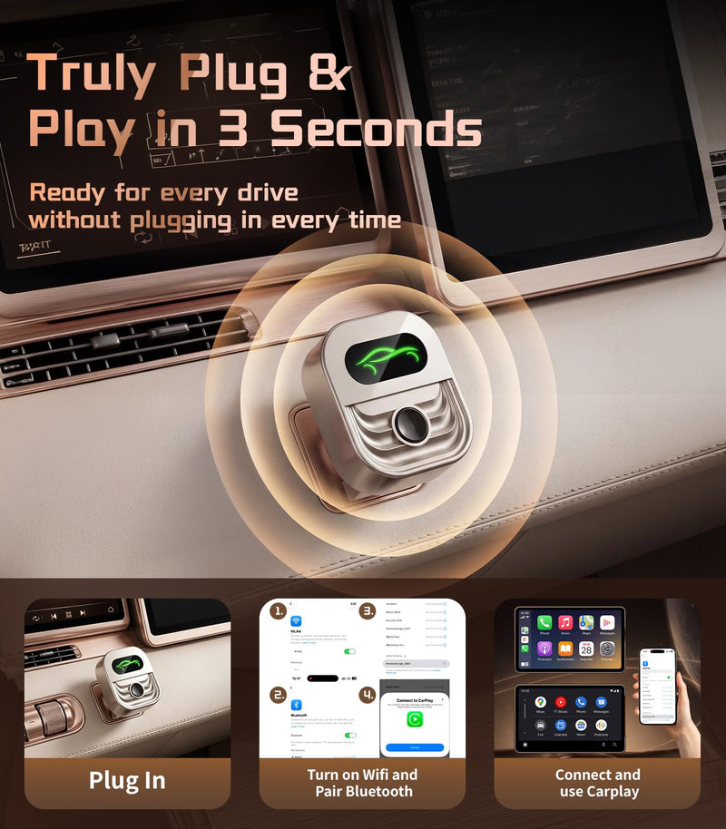 2026 Upgraded Wireless CarPlay Adapter for iPhone & Android Auto | One-Click Switch, Fast Auto-Connect, Alloy Apple Bluetooth CarPlay Adapter, Plug & Play for 1000+ Vehicles, USB-A/C Included