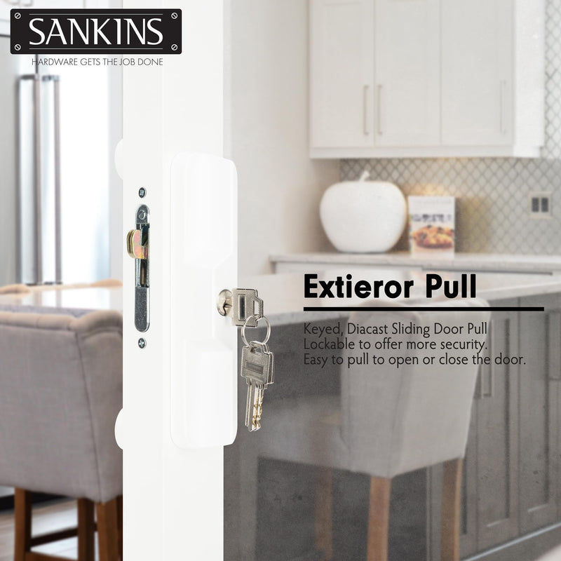 Sliding Patio Door Handle Pull Set with Key Cylinder, Replacement Sliding Door Handle with Mortise Lock for Sliding Glass Door Handle, Fits Hole Pitch Doors with 3-15/16 Inch Hole Pitch, White