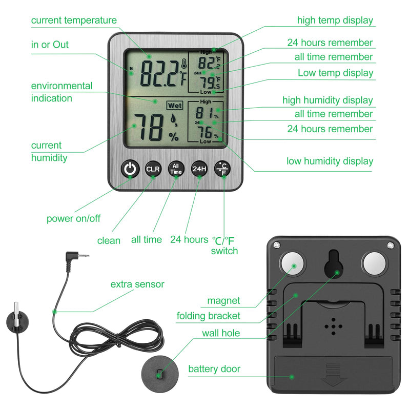 2 PCS Refrigerator Thermometer Digital Freezer Thermometer Fridge Thermometer with Extra Sensor Digital Thermometer Hygrometer max and min Remember Reptile Thermometer Hygrometer Black zz20 2pack A 2