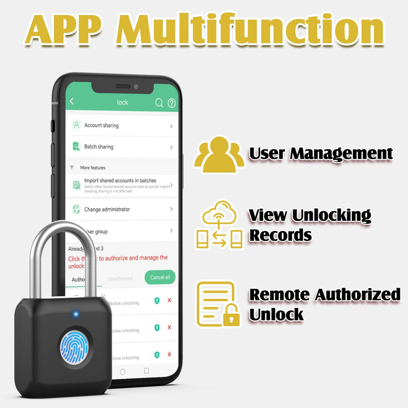 Fingerprint Padlock, Pothunder Smart Padlock, Locker Lock, Fingerprint Lock with APP Unlock, USB Rechargeable, Suitable for Gym Locker, Door(Black) Onyx Black