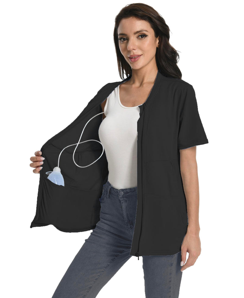 Post Mastectomy Zip Up Shirts with Drain Pockets Surgery Recovery Must Haves Clothing Comfy Short Sleeve Shirts Black Large