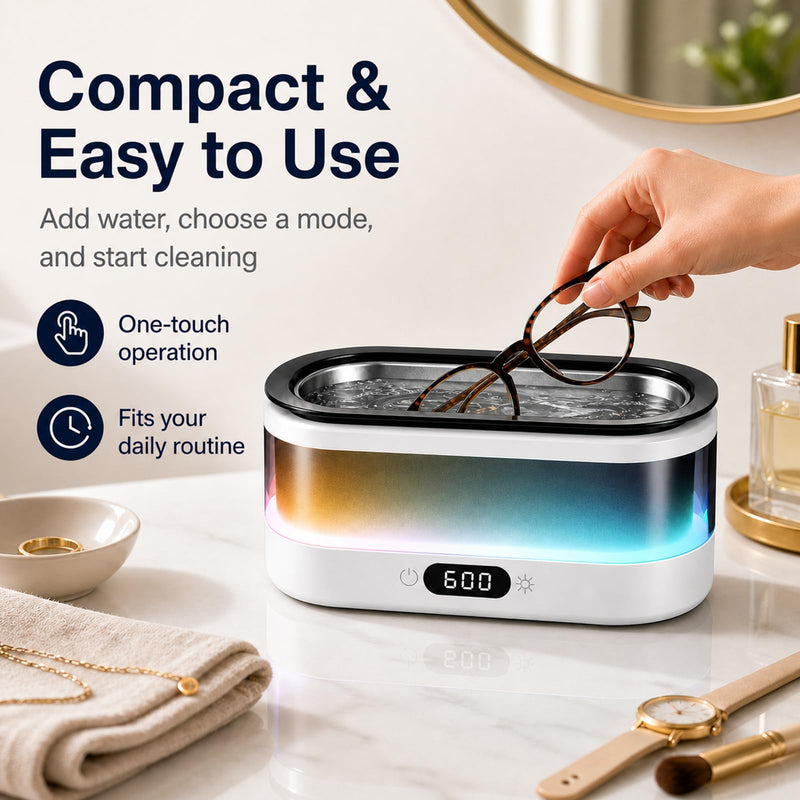 Ultrasonic Jewelry Cleaner Machine, 7-Color Flowing LED Light, 48kHz Sonic Cleaner for Jewelry, Glasses, Retainers, Dentures, 304 Stainless Steel Tank, Digital Timer, Dual Cleaning Modes - White