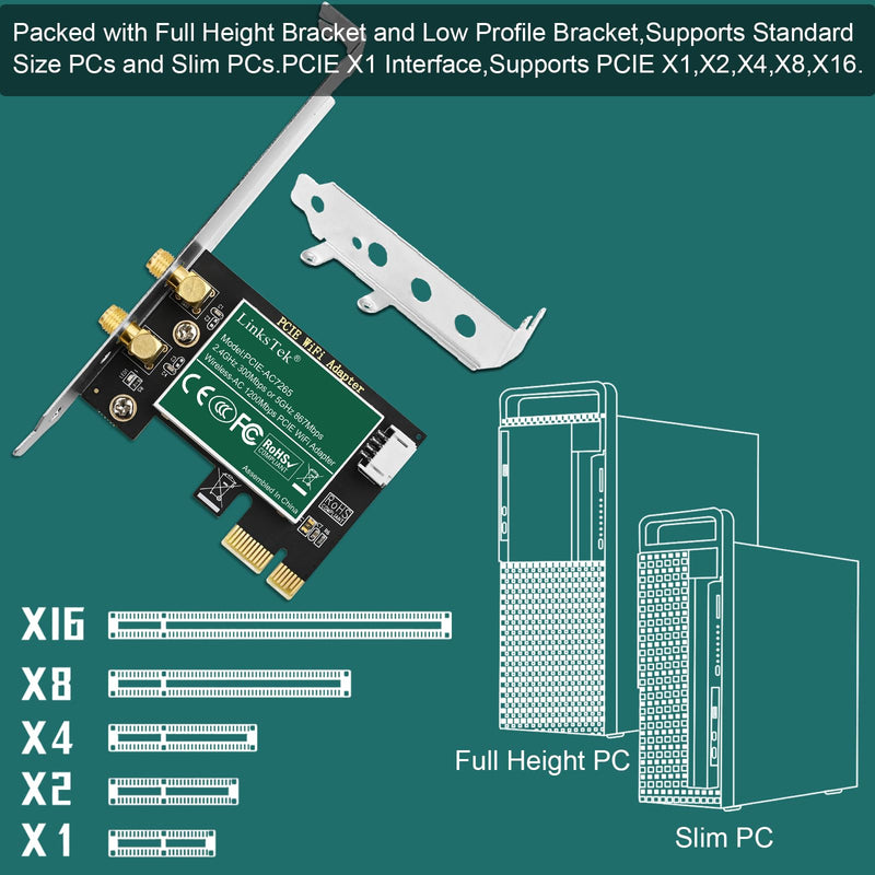 Wireless-AC 1200Mbps (2.4GHz 300Mbps and 5GHz 867Mbps) PCIE WiFi Adapter, PCIE WiFi Card, Intel Wireless-AC 7265 Network Adapter for Windows 11,10, 8.x, 7 (32/64bit) Desktop PCs (PCIE-AC7265)