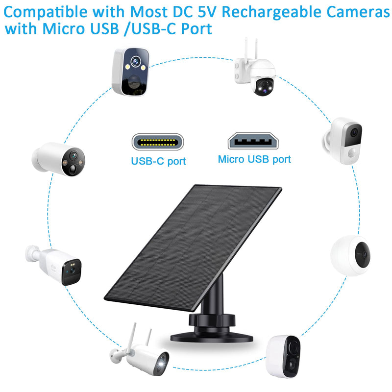 2W Solar Panel for Security Camera Outdoor, USB/USB-C Charger with IP65 Waterproof, 360° Adjustable Mount & 7.2ft Cable, Compatible with Rechargeable Battery Cameras (2 Pack, Black) 2W-2 Pack-Black
