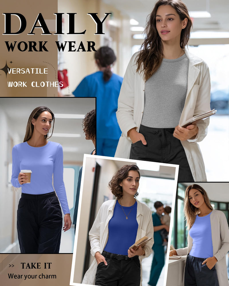 Neer 3 Pack Womens Underscrub Shirts Long Sleeve Crewneck Tops Fitted Layering Clothes Comfort Knit Tops for Nurse Royal Blue, Periwinkle, Light Mixed Gray Small