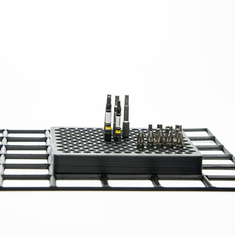 BOB'S TOOL COMPANY | Modular 1/4” Hex Bit Organizer System | 202-Slot Screwdriver/Driver Bit Holder for Toolbox & Workbench Storage | Gridfinity Compatible (Black, 126 mm x 126 mm) 202 Hex Slots - 126 mm x 126 mm Black