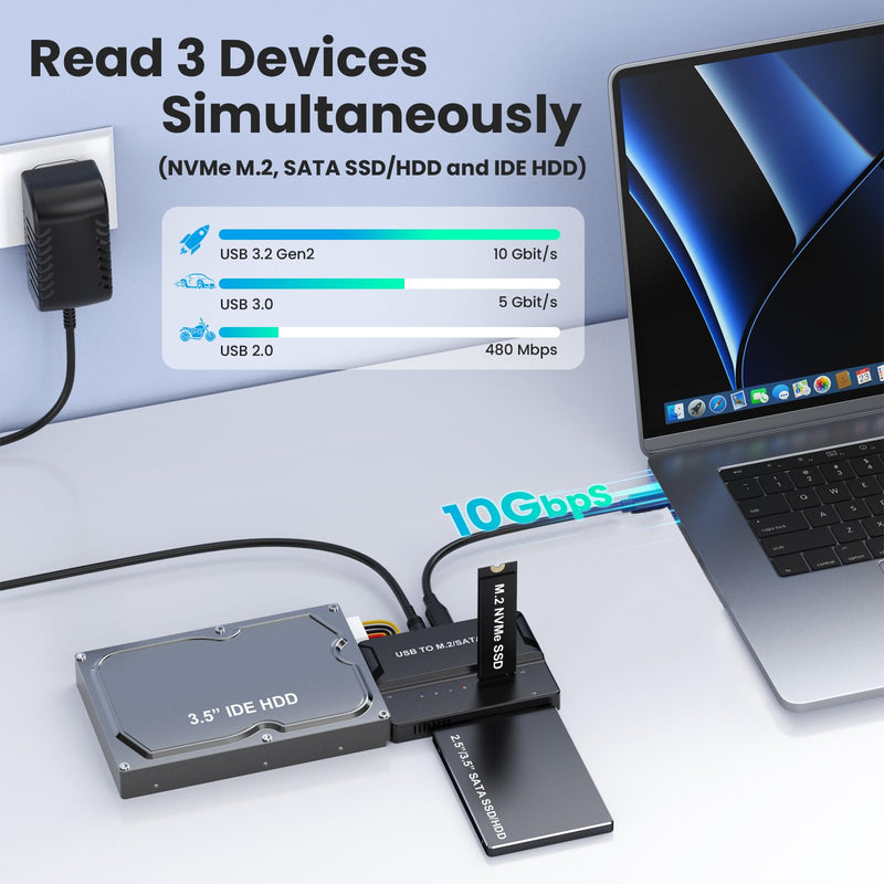 M.2 NVMe SSD Enclosure, USB to M.2 and IDE SATA Adapter Hard Drive Reader | 10Gbps USB-C/A to M.2 NVMe Adapter For all Size M.2 SSD(M Key&M+B Key), 3.5 2.5-Inch SSD/HDD with 12V/2A Power Adapter