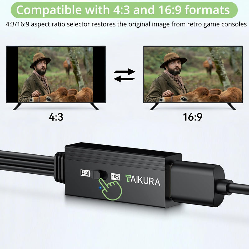 Male RCA to HDMI Converter for VCR VHS DVD Player to HDTV | 16:9/4:3 Adjustable Aspect Ratio Output,Plug and play,Supports PAL/NTSC,Output 1080P/60hz,Integrated all-in-one cable Male RCA to HDMI