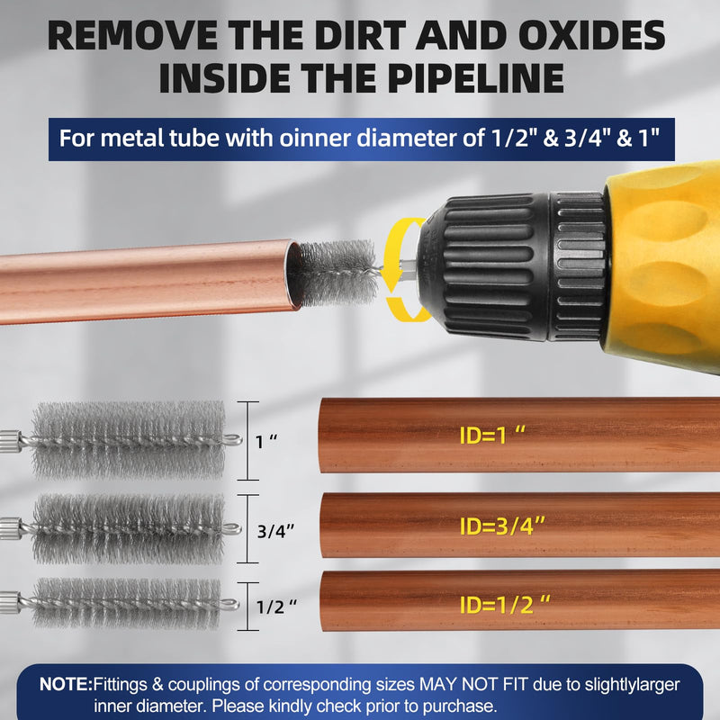 1/2",3/4" & 1" Copper Pipe Cleaner Kit for Drill,6 Brush Blades(3 pre-Installed + 3 backups) & 3Pcs ID Wire Bore Brush for Drill,Plumbing Tools for Plumber,Battery Terminal Brush for Battery Posts
