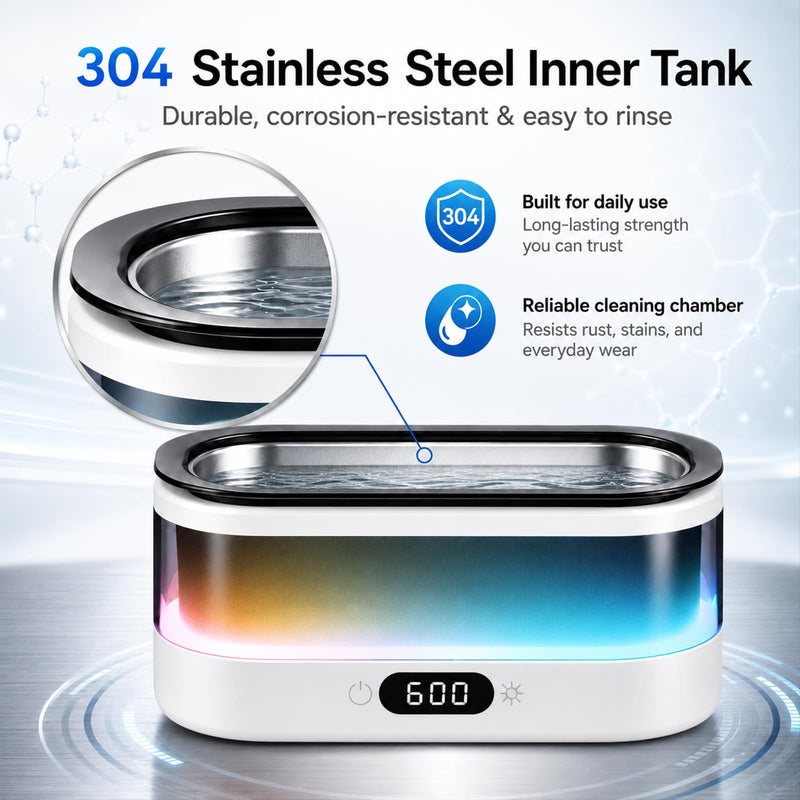 Ultrasonic Jewelry Cleaner Machine, 7-Color Flowing LED Light, 48kHz Sonic Cleaner for Jewelry, Glasses, Retainers, Dentures, 304 Stainless Steel Tank, Digital Timer, Dual Cleaning Modes - White