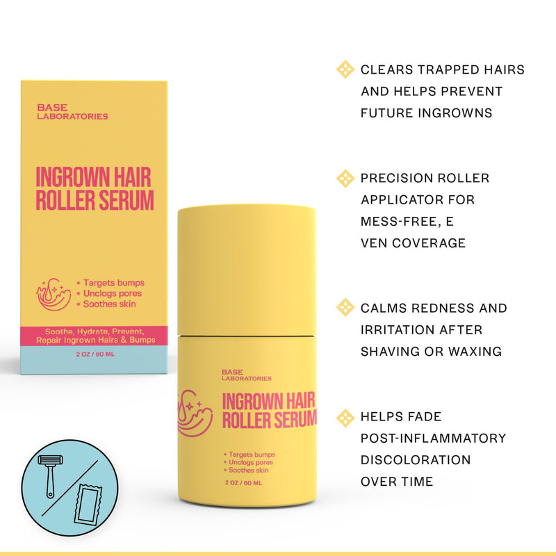  [AUSTRALIA] - Base Laboratories Ingrown Hair Treatment - Roller Serum – Skin Smoothing Roll-On for Ingrown Hairs & Razor Bumps – Salicylic Acid, Glycolic Acid, Niacinamide – Bikini Line, Underarms & Legs (60ml) | 2oz, Ingrown Hair Remover, Razor Bump Treatment, Roll...