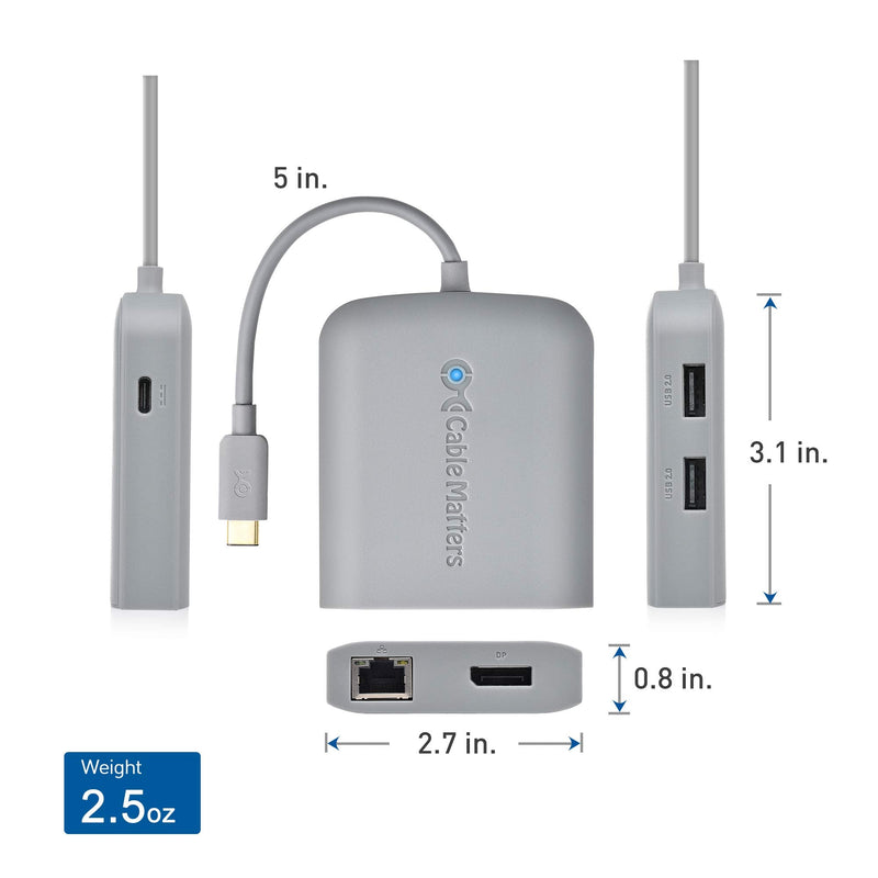 Cable Matters USB C Hub DisplayPort, 4K@60Hz (USBC DisplayPort Hub), 100Mbps Ethernet, 2X USB, 60W Host Charging in Gray - Thunderbolt 4 / Thunderbolt 3 Port Compatible for MacBook Pro