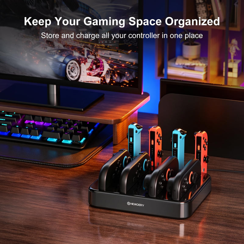 NEWDERY Controller Charger for Nintendo Switch 1/2 Joy Con, Charging Dock | 8 in 1 Fast Charging Station | Magnetic Snap | USB C Cable | LED Indicators | Organizer Stand Accessories | for Joy Con 2/1