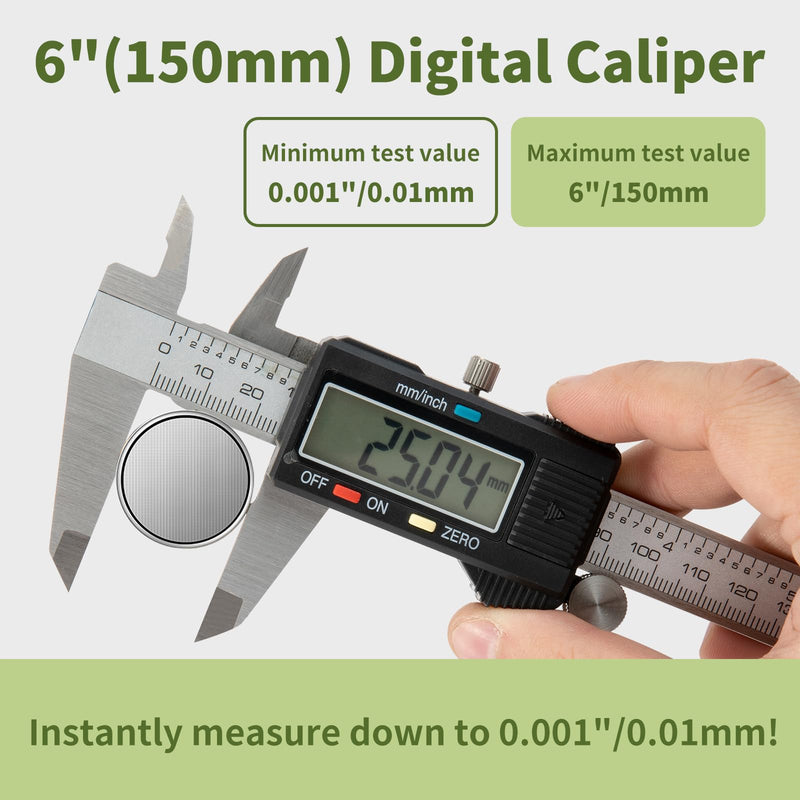 Digital Caliper 0-6" Measuring Tool with Metal Ruler, Micrometer Caliper with Auto-Off Feature, Interchangeable Between inches and millimeters for DIY/Household and 3D Printing, Black 6" Metal Black