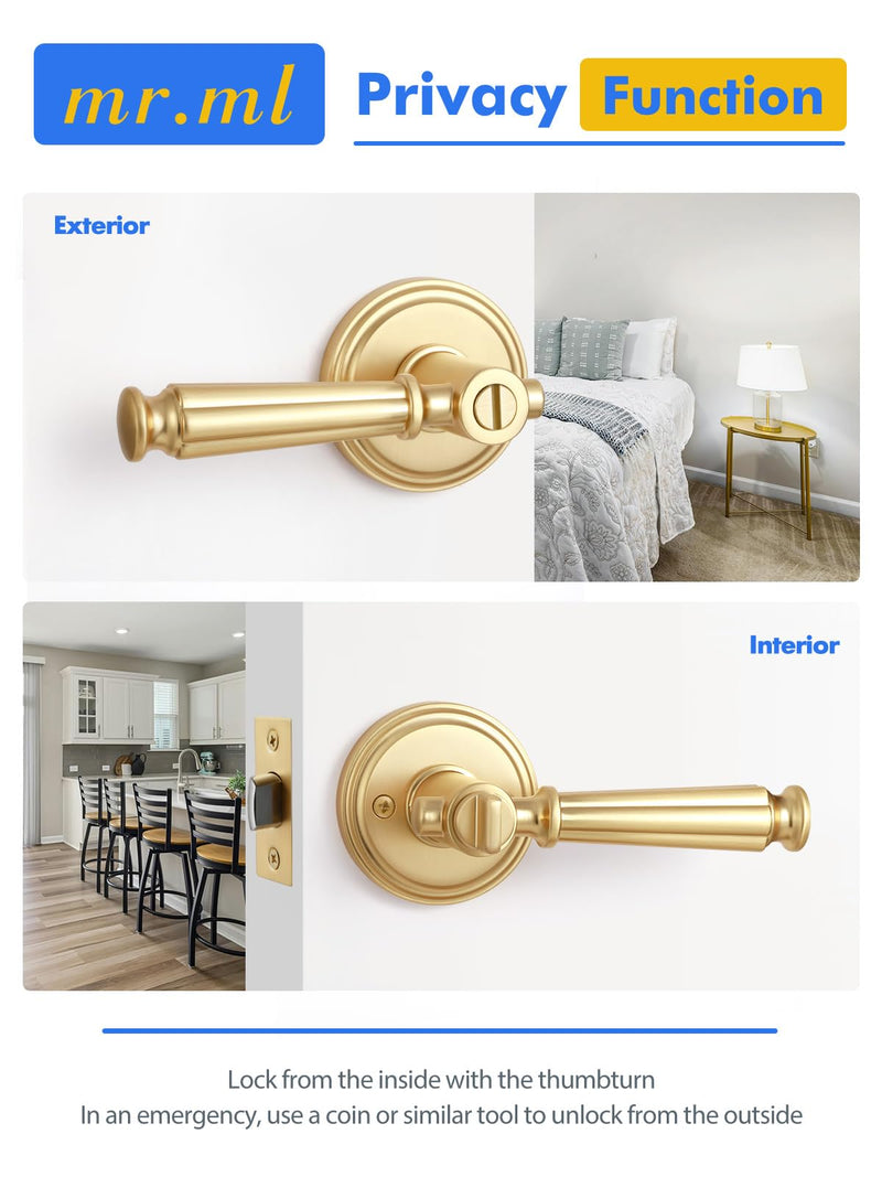 Brushed Gold Privacy Door Handle, Gold Door Lever Keyless DoorHandle | Interior Bedroom Bathroom Room DoorHandle, Aluminium Alloy Handle Lever, 1 Pack Brushed Gold