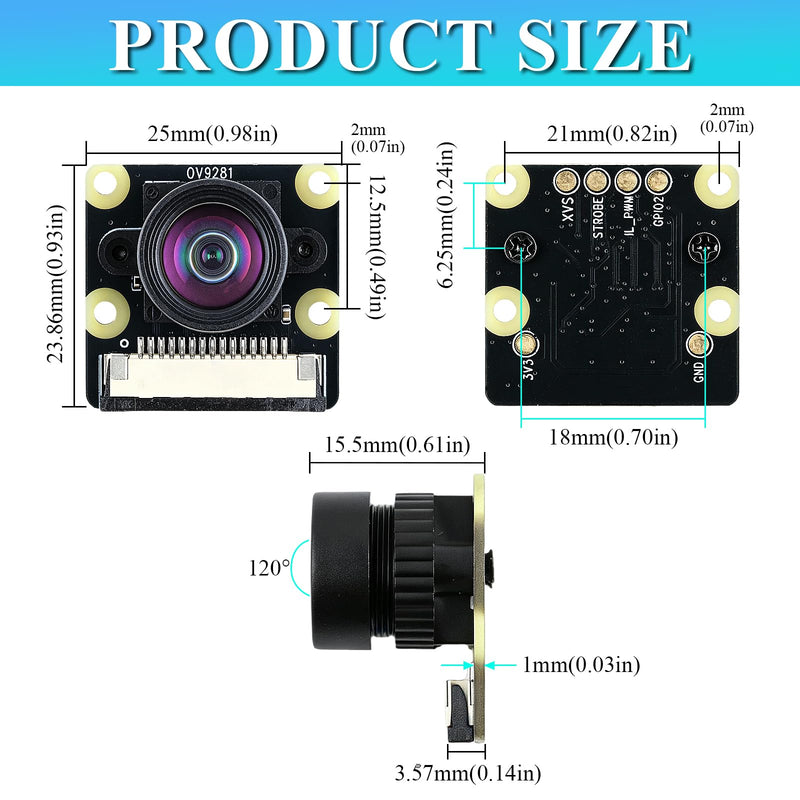 2PCS 120fps Monochrome Global Shutter Camera Module, 1MP OV9281 Sensor with 120° Wide-Angle Lens, Compatible with Raspberry Pi 5 / 4B / 3B+ / 3B / Zero 120 degrees