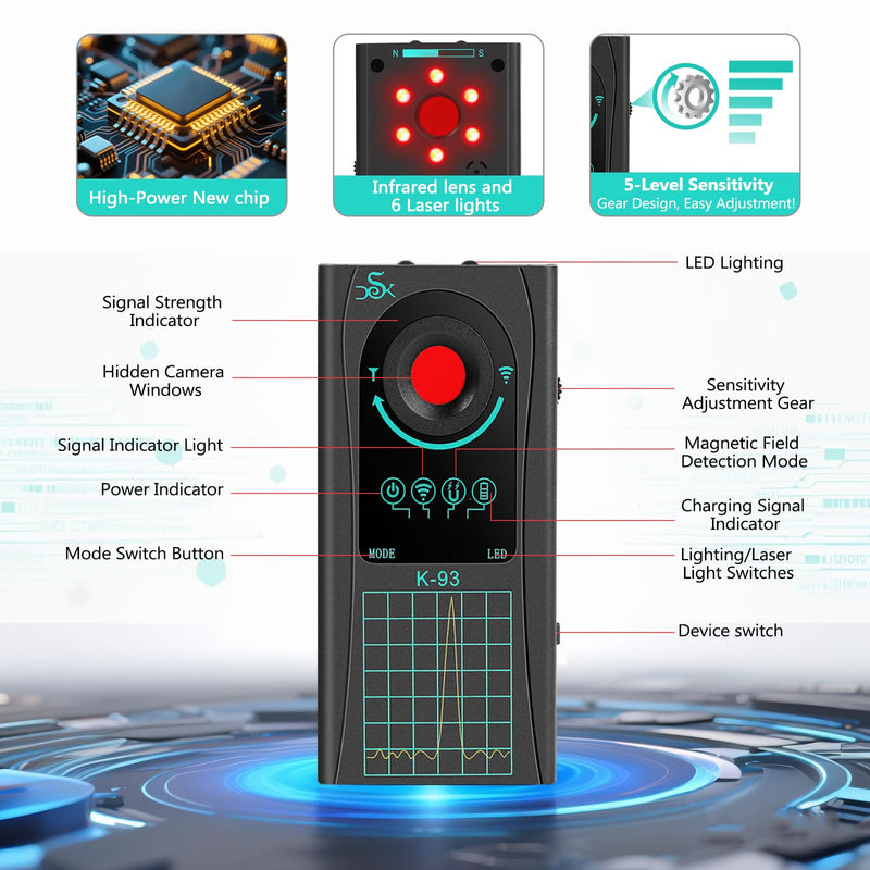 Hidden Spy Camera Detector, 2025 Upgraded GPS Tracker Detector, RF Signal & Bug Sweeper Detector, Smart Anti-Spy Device for Travel, Hotel, Bathroom & Car Security