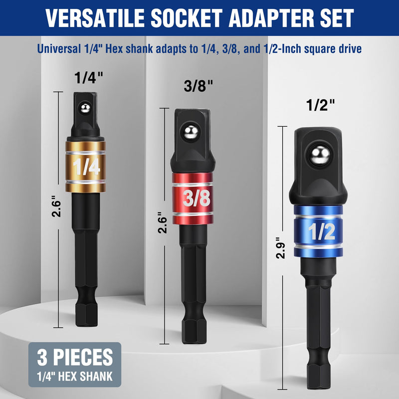 WORKPRO Impact Grade Socket Adapter Set, 1/4", 3/8", & 1/2" Drive, Extension Driver Bit With Holder, for Power Drill to High Torque Impact Wrench 3PCS