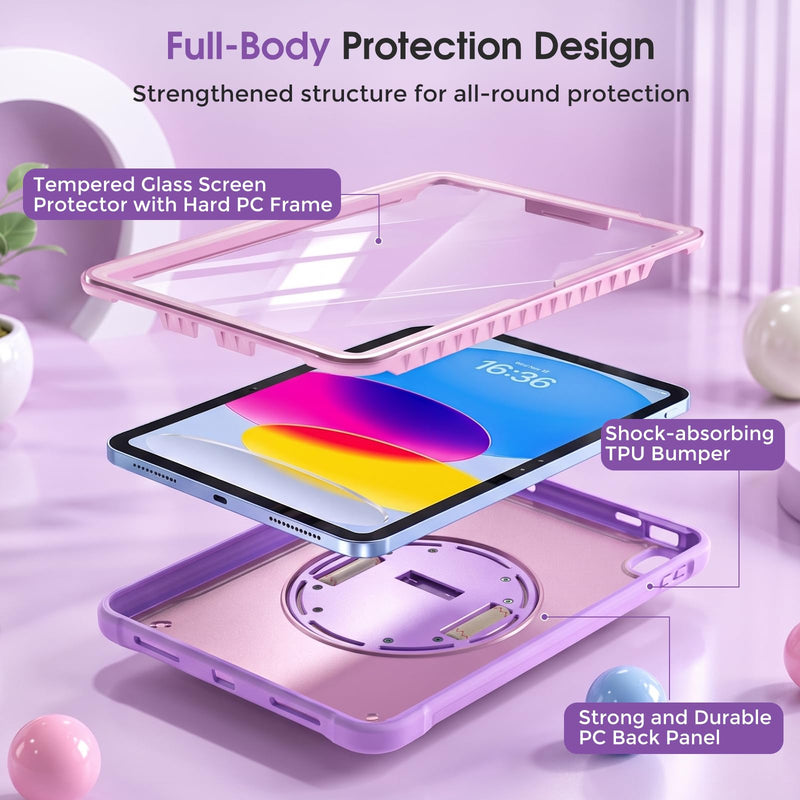 ProCase Kids Case for iPad A16 11th Gen 11" 2025/iPad 10th Gen 10.9" 2022 with Screen Protector, Fully-Body Shockproof Rugged Protective Cover with Rotatale Stand Hand/Shoulder Strap -Purplepink Purplepink