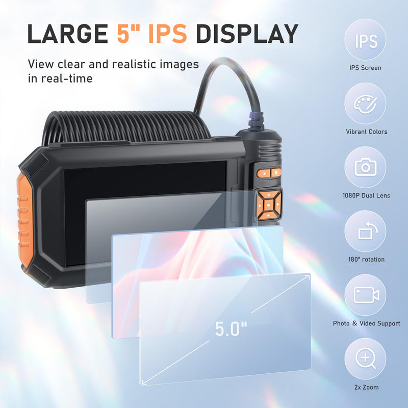 5" Dual Lens Endoscope Camera, 1080P HD Borescope with Light, 16.5FT Flexible Cable, IP67 Waterproof Snake Camera for Plumbing, Wall, and Automotive Inspections 5"Dual Lens