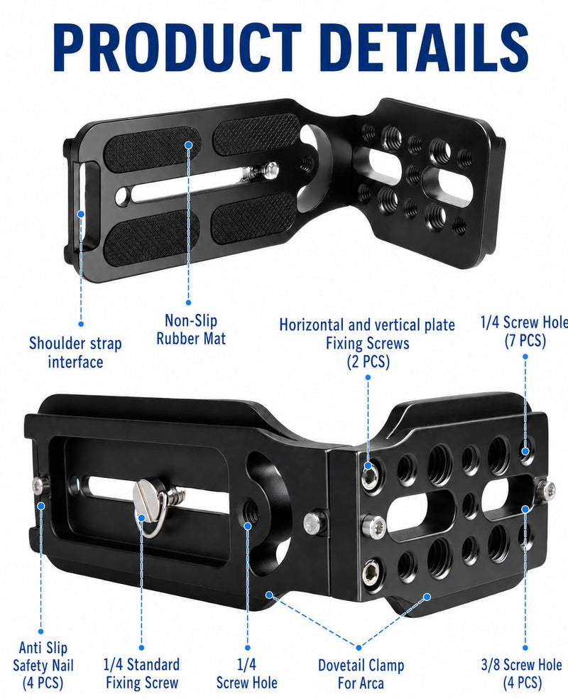 Arca-Type DSLR Camera L Bracket, Vertical/Horizontal Switch Quick Release Plate with 1/4" and 3/8" Screws, Aluminum Tripod Mounting Solution Compatible with Canon/Nikon/Sony