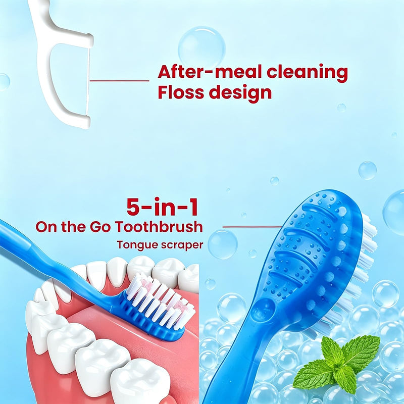 JASUNLEE 70Pack Mini Disposable Toothbrushes 5-in-1 PrePasted Travel Toothbrush with Toothpaste Flosser Pick Tongue Scraper, Individually Wrapped Box, Carry On Essentials for Airplane Camping 70