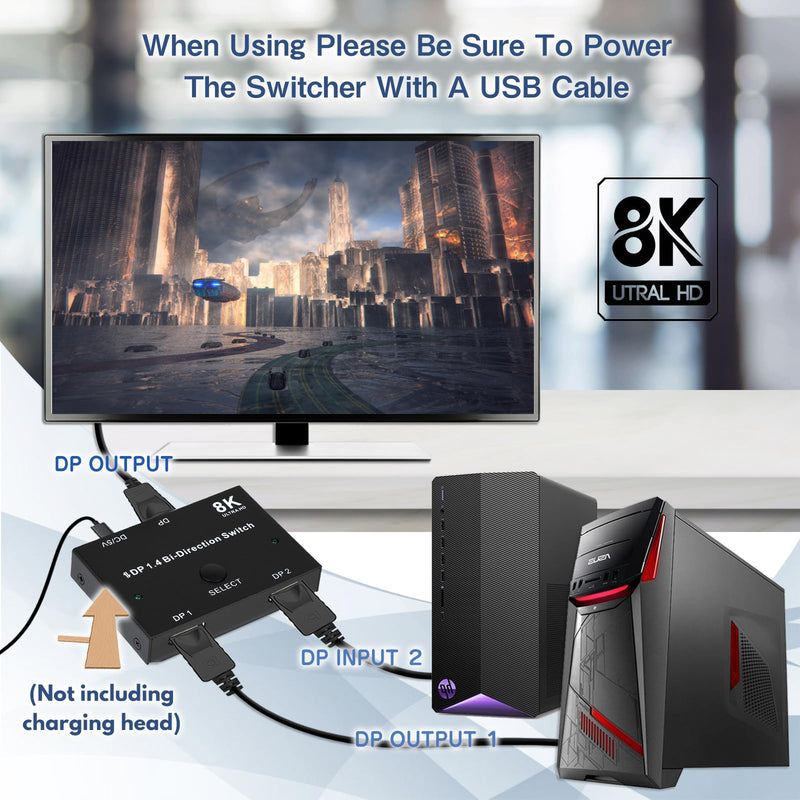 8K DisplayPort Switch Splitter DP 1.4 Bidirectional Switcher Support 8K@30Hz 4K@120Hz 2 in 1 Out or 1 in 2 Out Compatible with PC/HDTV/Projector/Monitor etc
