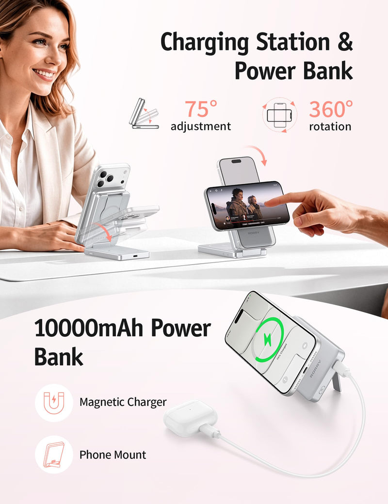RORRY Auradock iPhone Charging Station 3 in 1 for Apple,10000mAh Power Bank | 30W Wireless Magnetic Fast Charging Station for iPhone/Apple Watch/AirPods with Detachable Magnetic Portable Magsafe Charger pink 10000 mAh