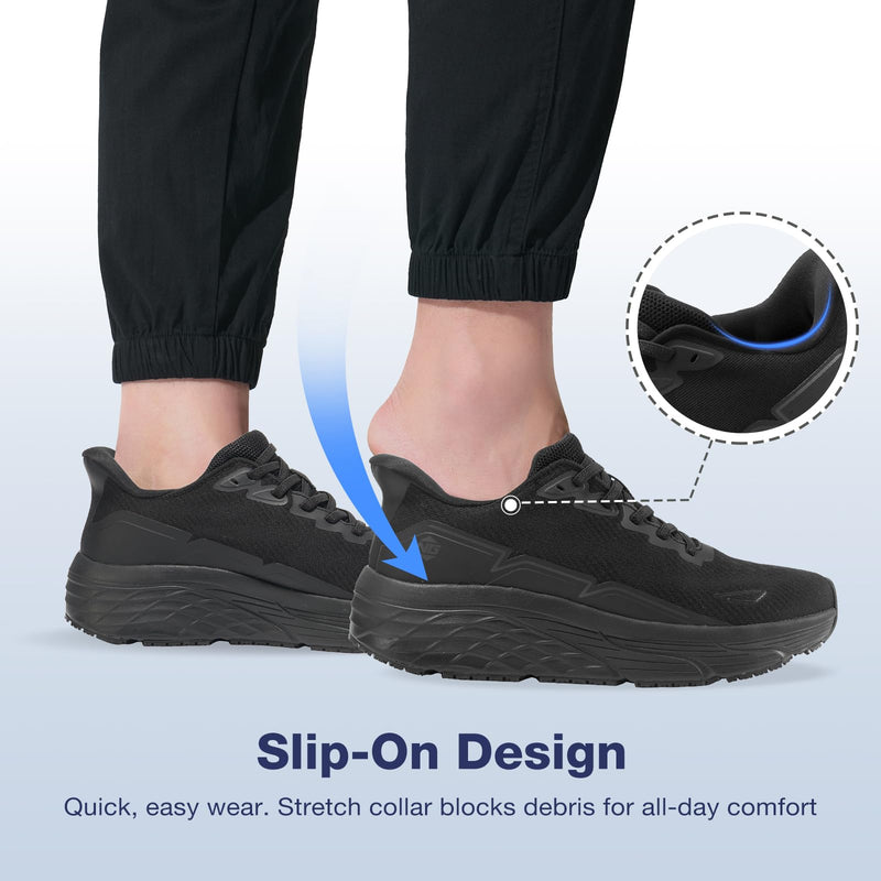 NINGO Non Slip Work Shoes for Women, Lightweight Food Service Sneakers with Waterproof Upper, Slip On Design with Breathable Mesh, Comfortable Oil Resistant Chef Shoes for Kitchen Restaurant, Black 6