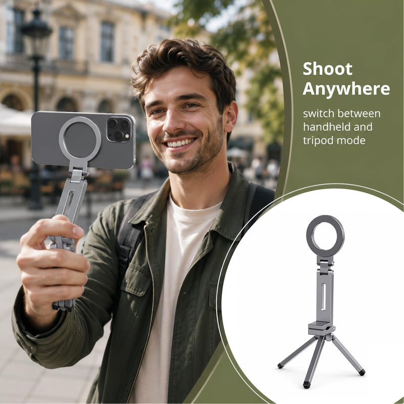 MagSafe Tripod 360 Foldable Aluminum | For MagSafe and Non MagSafe Phones, Portable Tripod with N52 Magnet, 38mm Clamp for Airplane Gym Desk, 2 Metal Rings