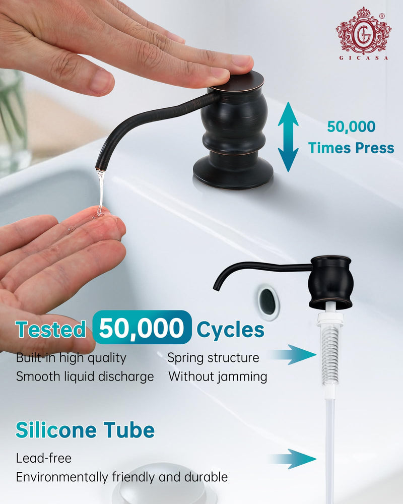 Brass Kitchen Soap Dispenser, Oil Rubbed Bronze in Sink Liquid Dish Soap Dispenser with High Capacity 500ML （17oz） ABS Bottle, Under Sink Hand Metal Dispenser Pump Without Hose