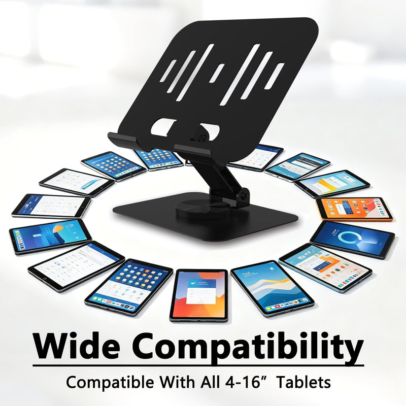 Metal Tablet Stand for iPad Pro, Adjustable 360° Rotation, Black | 2026 Update Version, Ultra Stable Metal Base, Fully Foldable, Easy to Store & Carry, Compatible with 4-13” Tablet Devices