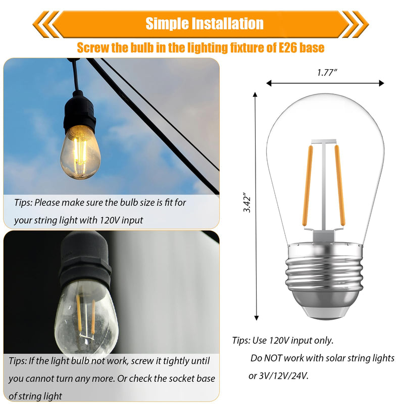 Replacement Bulbs for String Lights, 2W S14 Shatterproof Outdoor LED Light Bulbs, 2700K Soft White, E26 Base, AC120V, Not Dimmable, 30 Pack 2w-2700k Soft White 30 Count (Pack of 1)
