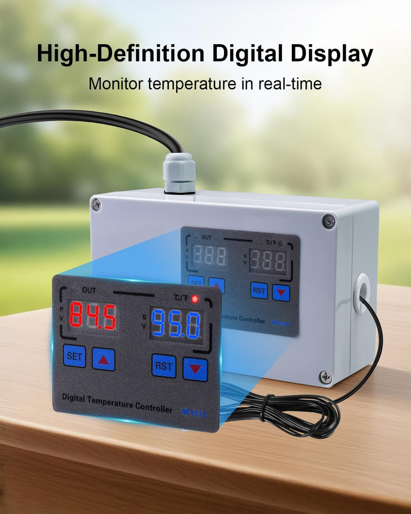 1100W Digital Temperature Controller, 110V 10A Thermostat Switch with Waterproof NTC 10K Sensor Probe, for Refrigerator Freezer Aquarium Heaters or Cooling Devices