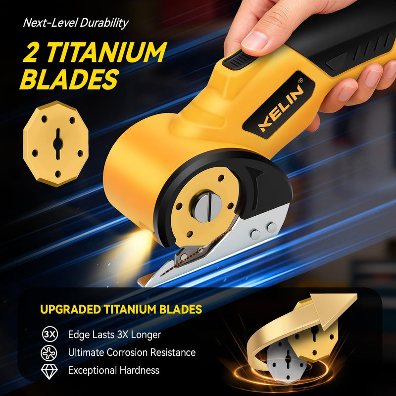 2026 New 3000mAh Cardboard Box Cutter with 2 Titanium Blades, Cordless Electric Scissors with Safety Lock & LED Light, Storage Box, 300RPM, 4V, Cutter for Fabric Carpet Carton Plastic Leather Cloth Yellow-orange 2